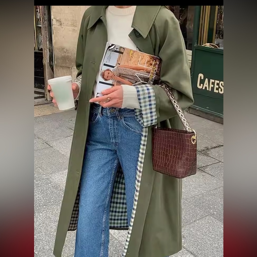 Sézane Clyde Inspired Olive Green Trench Coat with Plaid Lining
